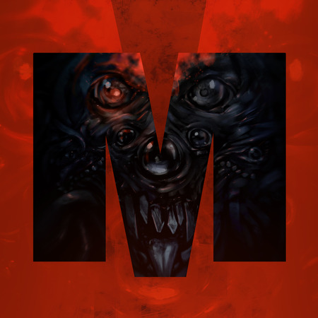 Monster letter M. Letter sign with horrible and evil monster face illustration art.の写真素材
