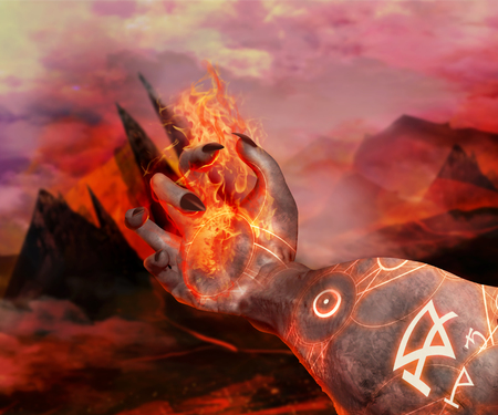 3d first person view demonic hand with magic glowing pentacles holding fireball on a hellish landscape background.の写真素材