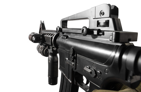 Closeup vr first person view of a soldier hand holding automatic rifle side view.