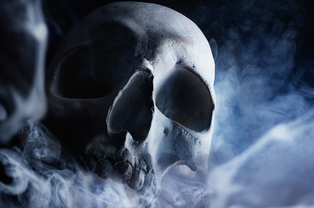 Photo of a human skull in smoke front view on black background.の写真素材