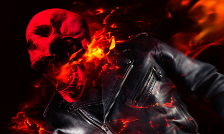 Photo of a demon skeleton in black leather biker jacket engulfed in flames standing and screaming...
