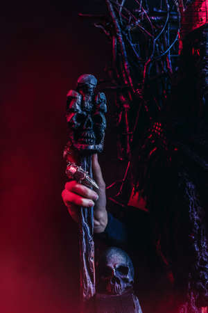 Photo of a female witch queen hand with metal crown, holding skull cane and sitting on a throne made of branches, front close-up view.の写真素材