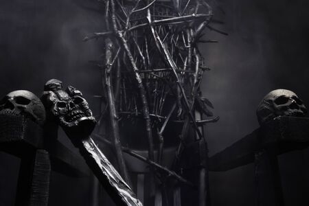 Close-up photo of  evil witch throne made of branches with skulls and cane, on foggy black...