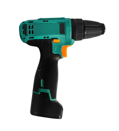 Photo of isolated hand drill tool side view on white background.