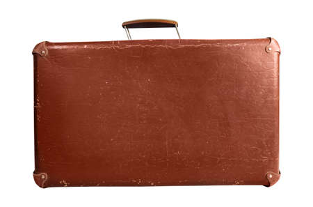 Photo of isolated old fashioned suitcase side view on white background.