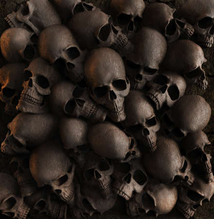 3d render backdrop image illustration of wall made of skulls.の写真素材