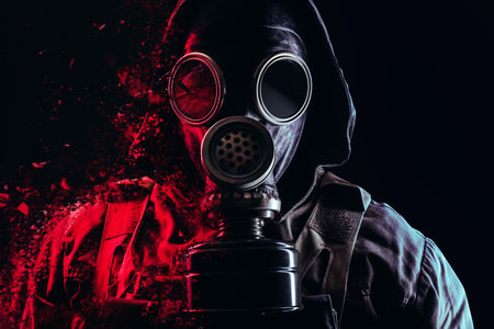 Photo of a stalker face in soviet old gas mask with filter and red highlights dissolving on black...