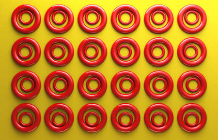 3d rendered illustration of abstract red circles on yellow backdrop texture.の写真素材