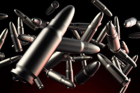 3d render illustration of metal bullets flying on dark red background.の写真素材