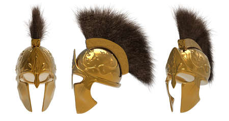 Isolated 3d render illustration of armored spartan warrior helmet different angles on white background.の写真素材