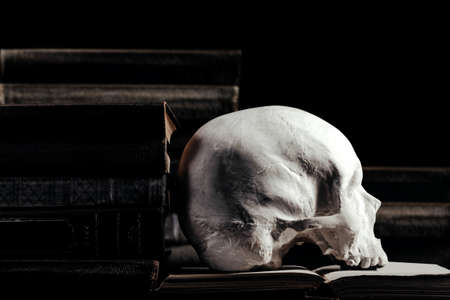 witchcraft human skull laying on old books and stacked books on black background.の写真素材