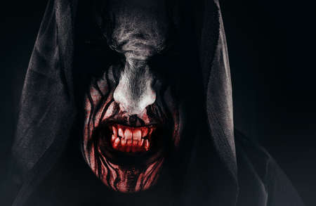Horror photo of angry scary grim reaper painted face in hood with mist.
