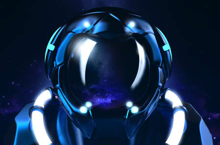 Isolated 3d render illustration of astronaut in space suit and helmet standing on dark space...