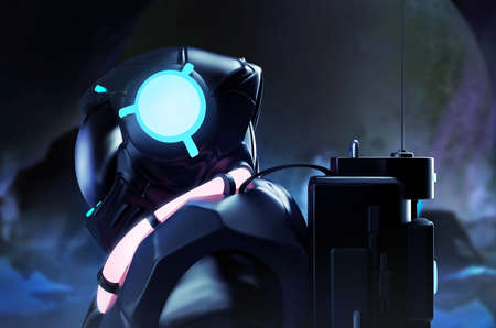 3d render illustration of astronaut in space suit and helmet standing on dark space planet surface background, profile view.の写真素材