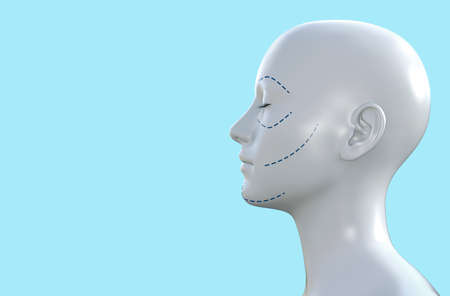 3d render illustration of female face and figure with plastic surgery face lift lines on blue background.の写真素材