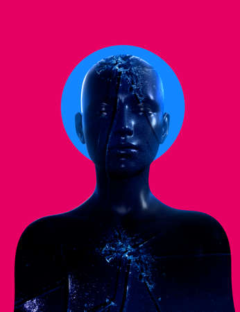 Abstract 3d render illustration of black glossy painted female face, front view with broken glass texture on pink color background, mental health problems concept.の写真素材