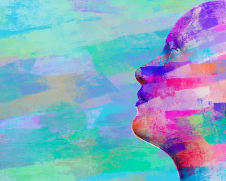 3d render illustration of multicolored palette painted female figure face profile view.の写真素材