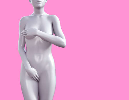 3d render illustration of female figure standing and hiding breast and genital area on pink background, gynecology clinic and woman health concept.の写真素材