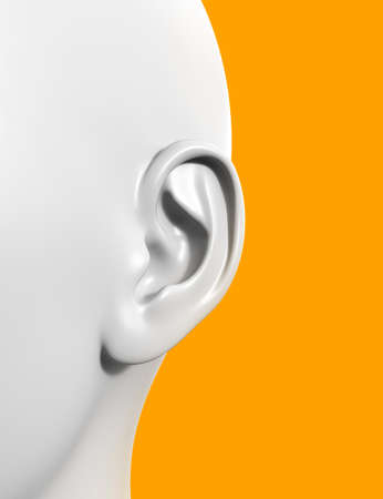 3d render illustration of female figure ear on orange colored background, otolaryngology or hearing...