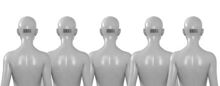 Isolated 3d render illustration of grey colored female mannequins with barcodes standing in line, back view on white background.の写真素材