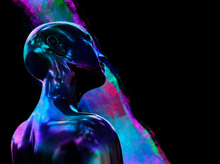 Abstract 3d render illustration of black glossy and multicolored grungy palette painted female face and figure on black background.の写真素材