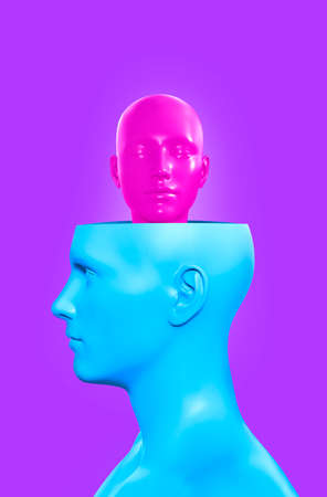 3d render illustration of blue and pink colored male and female faces on purple colored background,...