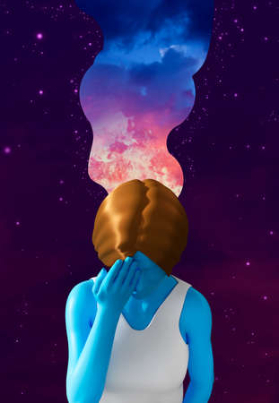 3d render illustration of female blue colored model depicting head ache, sadness, depression or mental health problems, in cloud shape thoughts.の写真素材
