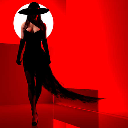 3d render noir illustration of sexy lady in black dress and hat walking on red and black colored room background with dissolving clothing.の写真素材