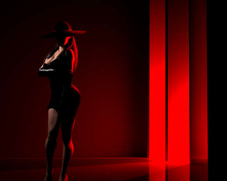 3d render noir illustration of sexy lady in black dress and hat standing on red and black colored room background.の写真素材