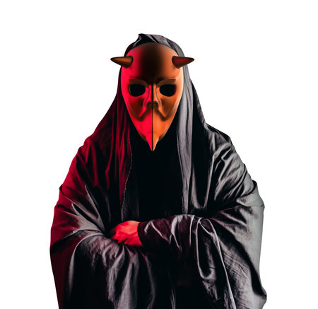 Isolated scary horror occult sectarian priest in black hood and metal mask on white background.の写真素材