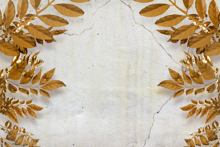 3d render illustration of golden colored leaf branches on cracked marble surface background.