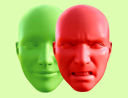 3d render illustration of human face happy and angry facial emotions.の写真素材
