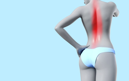 3d render illustration of female figure standing with infammated spine area on blue background.
