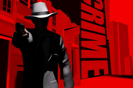 3d render illustration of noir style detective or gangster male in suit and hat standing and aiming gun on neon street night background.の写真素材