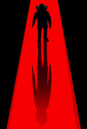 3d render illustration of noir style detective or gangster male in suit and hat silhouette standing on red light beam background.の写真素材