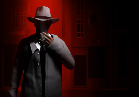 3d render illustration of noir style detective or gangster male in suit and hat standing and smoking on neon red street night background.の写真素材