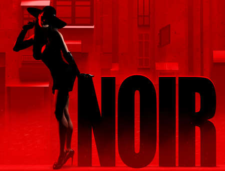 3d render illustration of noir style sexy lady in black dress and hat standing on red toned city street with sign.の写真素材