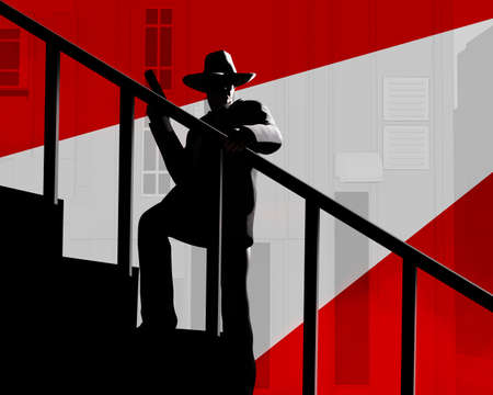 3d render illustration of noir style detective or gangster male in suit and hat walking stairs with gun on red colored street night with ray background.の写真素材