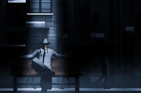 3d render illustration of noir style detective or gangster male in suit and hat sitting on bench on night street pavement background.の写真素材