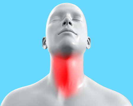 3d render artwork illustration of male gray colored figure with throat pain on blue background.の写真素材