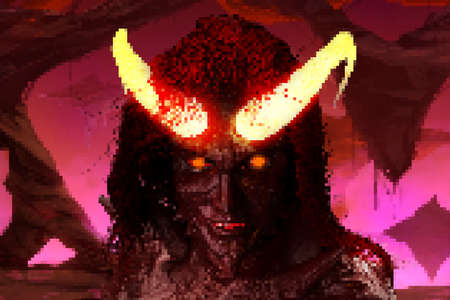 Pixel artwork illustration of female fantasy demon goddess with glowing eyes and horns standing on...