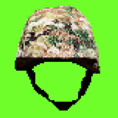 Pixel artwork illustration of soldeir helmet in camouflage cover on green screen background.の写真素材