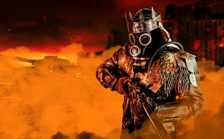 Photo of post apocalyptic warrior with armored outfit jacket and crown standing with rifle on destroyed city background with orange gas fog.の写真素材