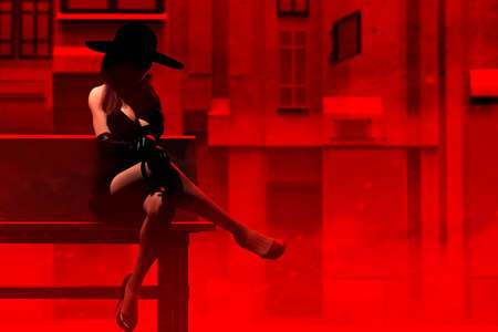 3d render illustration of sexy noir lady in black dress and hat sitting on red toned street bench with red mist.の写真素材