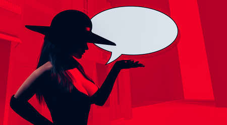 3d render illustration of sexy noir lady in black dress and hat gesturing with comic text box on red toned city street background.の写真素材