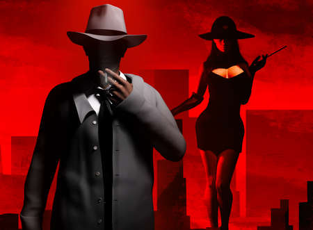 3d render illustration of  noir style male detective smoking with sexy lady in black dress standing on cityscape background.の写真素材