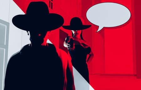 3d render illustration of sexy lady noir lady in black dress, hat and gloves aiming gun at male stranger on red toned street with comic text box.の写真素材