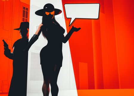 3d render illustration of sexy lady noir lady in black dress, hat and gloves posing on red toned street with detective male character.の写真素材