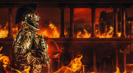 3d render illustration of fully equipped military soldier in body armor uniform and rifle with...