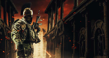 3d render illustration of fully equipped military soldier in body armor uniform and rifle with spartan helmet standing on burning greek temple background.の写真素材